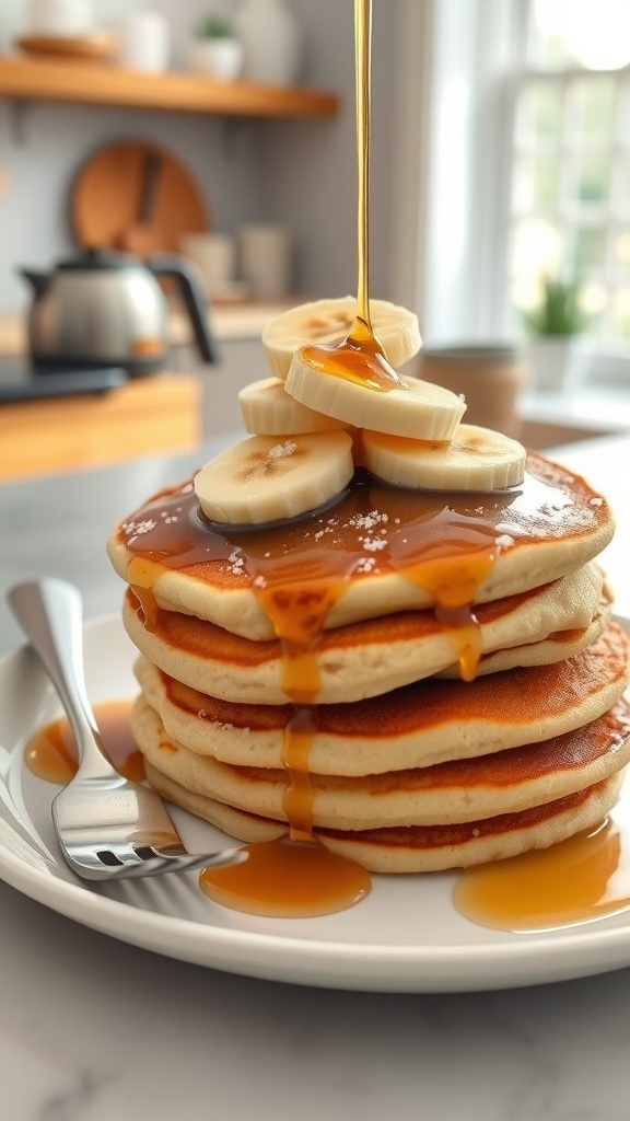 Banana Pancakes Recipe Fluffy banana pancakes stacked on a plate, topped with syrup and banana slices.